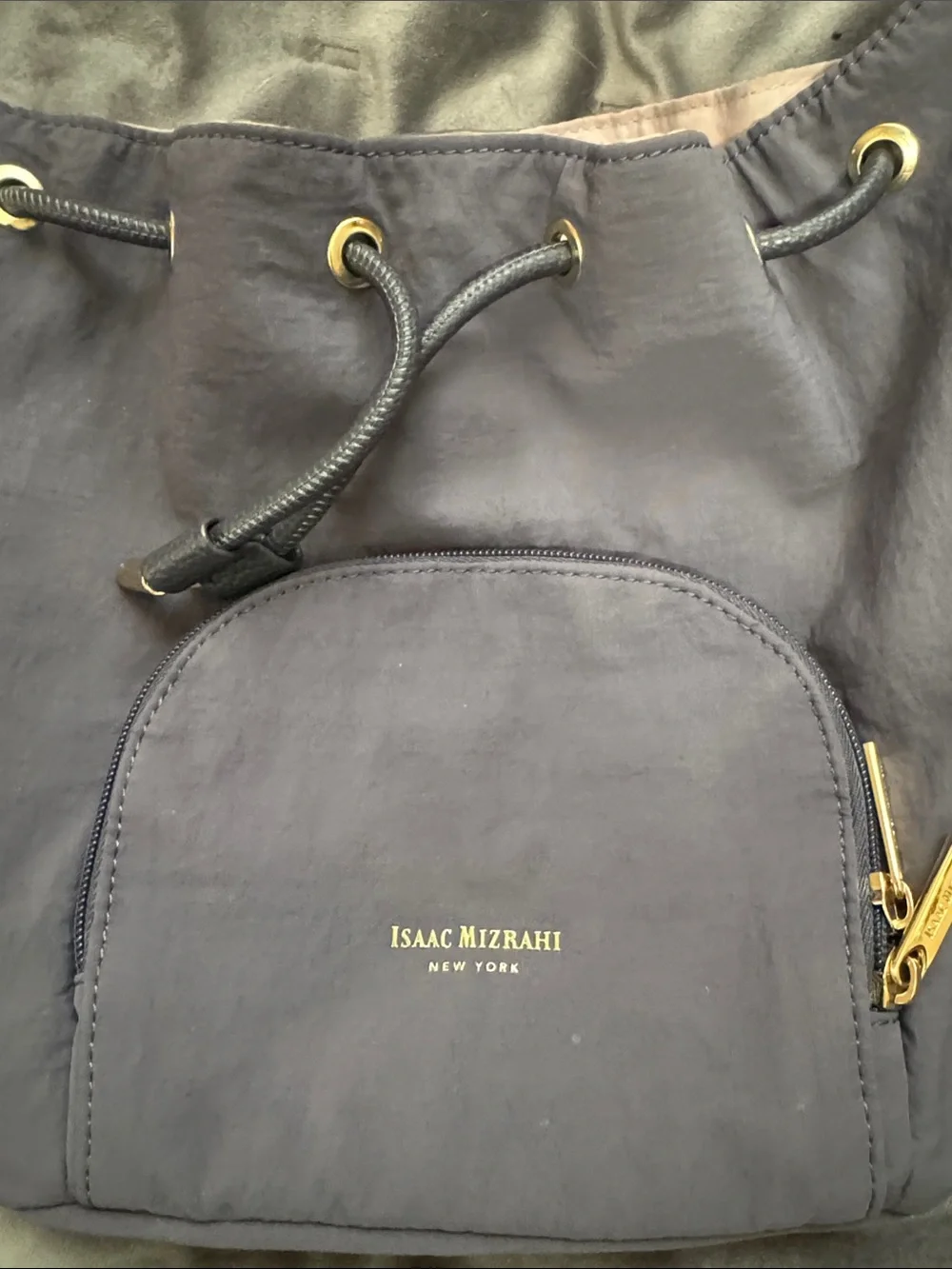 Isaac Mizrahi Dark Navy Drawstring Hobo with Gold Hardware